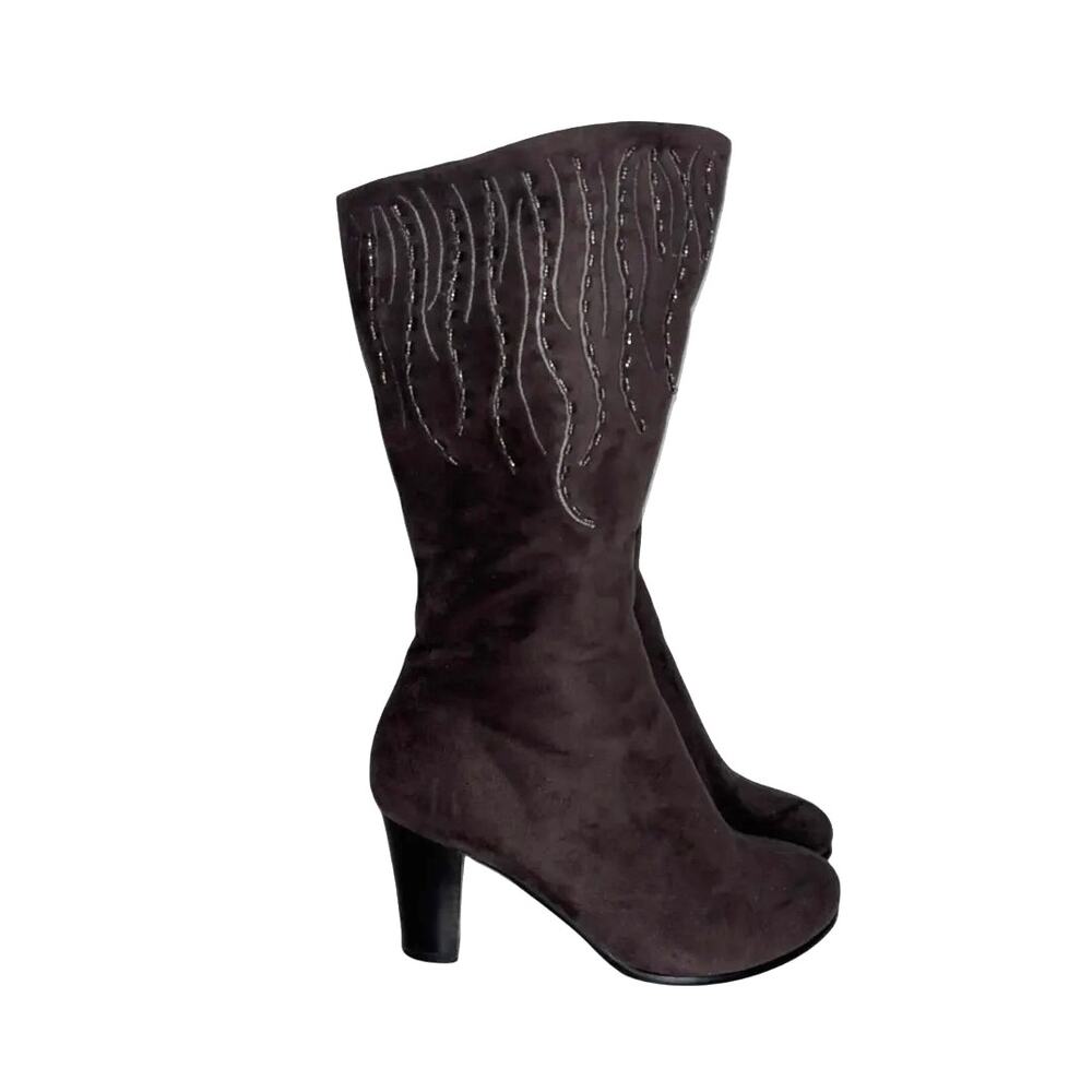 Midnight Velvet Brown Suede Beaded Heeled Boots‎ 9W
